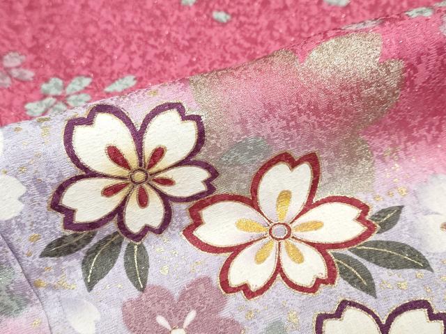 平和屋着物●豪華振袖 舞桜文 暈し染め 金彩 金通し地 正絹 逸品 DABF1433ud