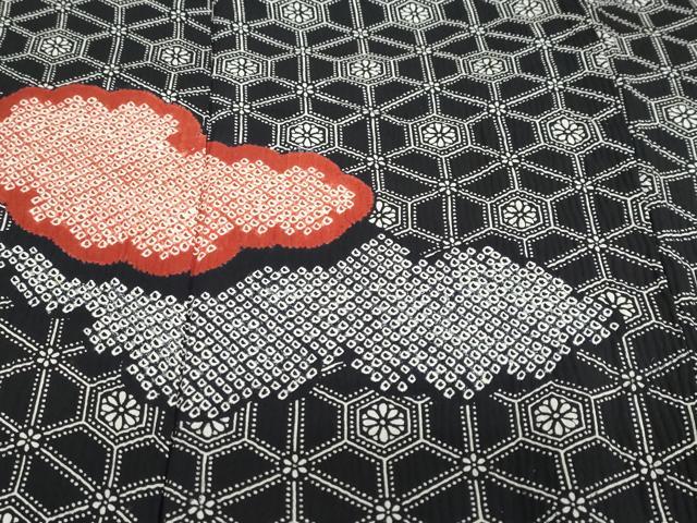 平和屋着物●訪問着 絞り 雲取り亀甲花文 黒地 正絹 逸品 DABF1438ud