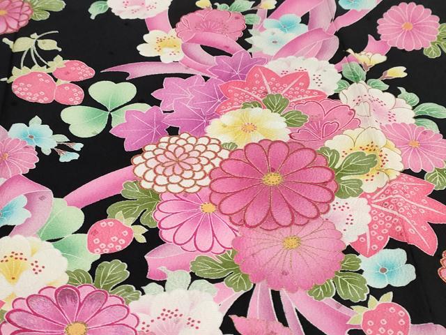平和屋着物●豪華振袖 草花文 苺 暈し染め 黒地 金彩 正絹 逸品 DABF1450ud