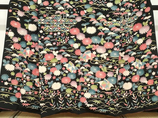 平和屋着物●訪問着 風景草花文 黒地 鬼しぼ縮緬 正絹 逸品 DABF1457ud