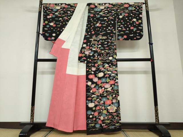 平和屋着物●訪問着 風景草花文 黒地 鬼しぼ縮緬 正絹 逸品 DABF1457ud