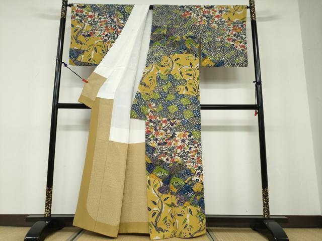 平和屋着物●江戸紅型 五味桂子 訪問着 型染め 花鳥文 鬼しぼ縮緬 正絹 逸品 DABF1459ud