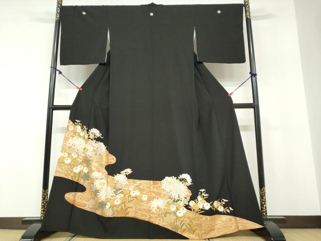 平和屋着物●豪華黒留袖 駒刺繍 流水草花文 金彩 正絹 逸品 DABF1493ud