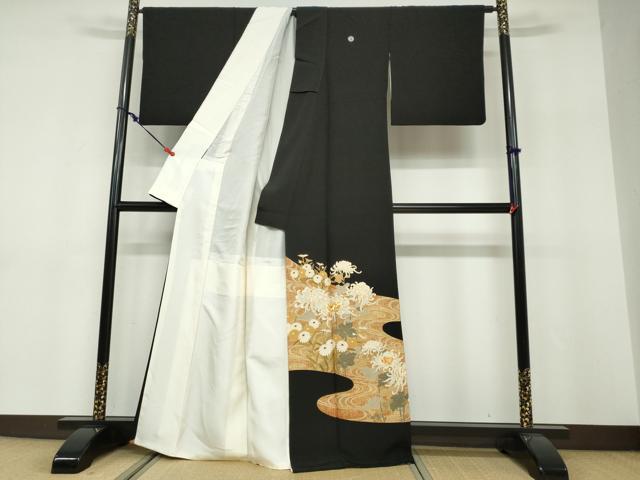 平和屋着物●豪華黒留袖 駒刺繍 流水草花文 金彩 正絹 逸品 DABF1493ud