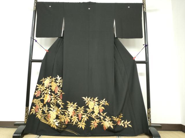 平和屋着物●豪華黒留袖 駒刺繍 南天文 金彩 正絹 逸品 DABF1498ud