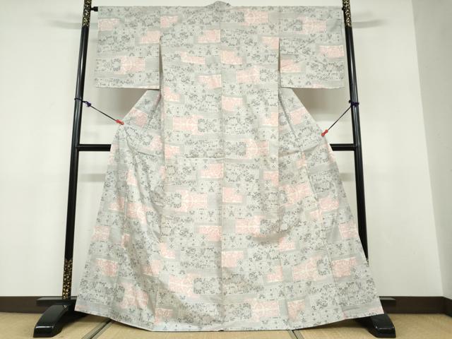 平和屋着物●本場大島紬 9マルキ 変わり格子草花文 正絹 逸品 DABF1507ud