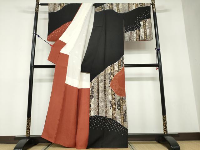 平和屋着物●訪問着 絞り 鳳凰草花文 黒地 金彩 正絹 逸品 DABF1561ud