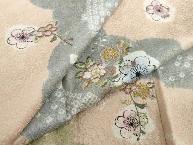 平和屋着物●中国三大刺繍 スワトウ刺繍 汕頭刺繍 訪問着 絞り 道長草花文 金彩 正絹 逸品 DABF1562ud