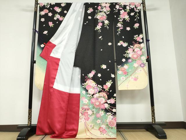 平和屋着物●豪華振袖 草花文 暈し染め 黒地 金通し地 正絹 逸品 DABF1569ud