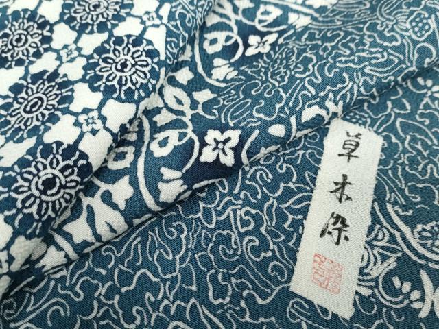 平和屋着物●上質な小紋 作家物 草木染 洋花文 鬼しぼ縮緬 正絹 逸品 DABF1584ud