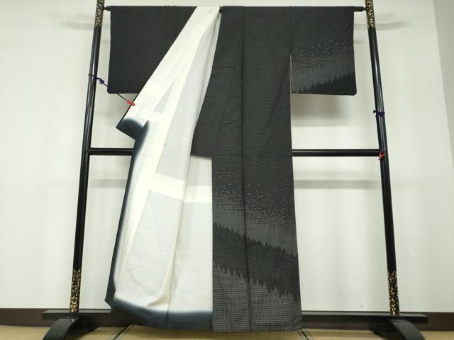 平和屋着物●訪問着 紬地 霞文 黒地 正絹 逸品 DABF1585ud