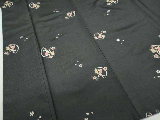 平和屋着物●小紋 舞桜文 月兎 黒地 洗える着物 DABF1604ud
