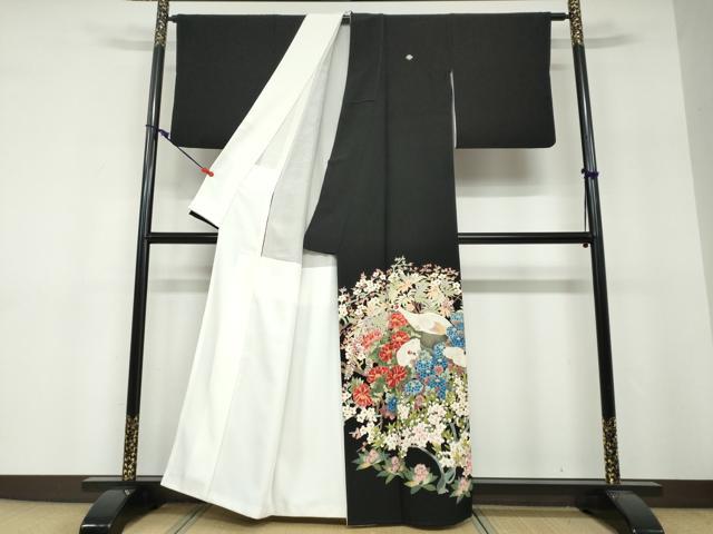 平和屋着物●本加賀友禅作家 鶴見保次 黒留袖 花鳥文 正絹 逸品 DABF1620ud
