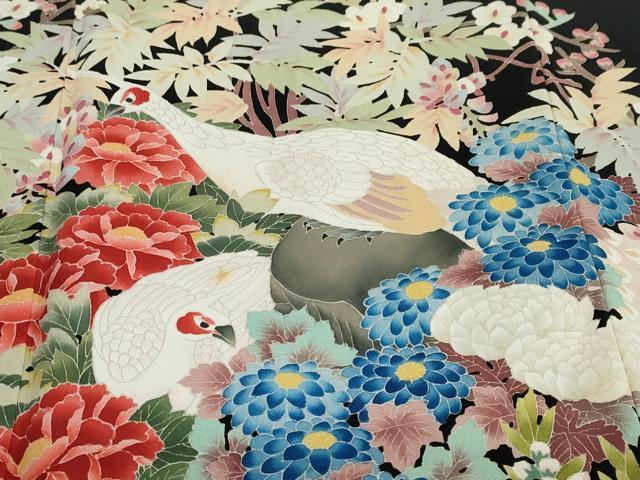 平和屋着物●本加賀友禅作家 鶴見保次 黒留袖 花鳥文 正絹 逸品 DABF1620ud