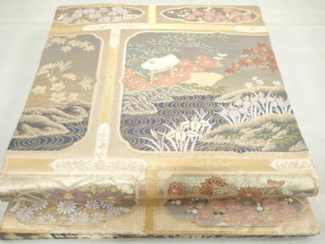 平和屋着物◎六通柄袋帯 唐織 変わり格子風景花文 金糸 正絹 逸品 DABF1653ud