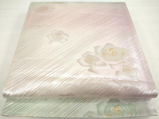 平和屋着物◎両面全通柄袋帯 バラ 金銀糸 正絹 逸品 DABF1654ud