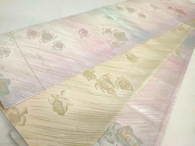 平和屋着物◎両面全通柄袋帯 バラ 金銀糸 正絹 逸品 DABF1654ud