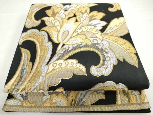 平和屋着物◎六通柄京袋帯 洋花文 黒地 金銀糸 正絹 逸品 DABF1675ud