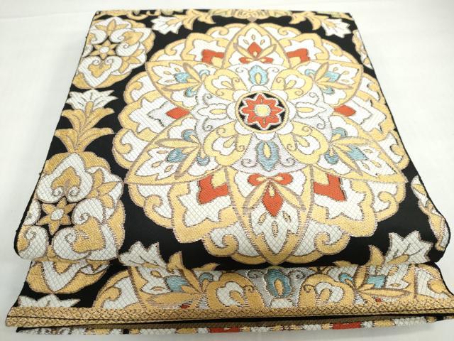 平和屋着物◎六通柄京袋帯 洋花文 黒地 金銀糸 正絹 逸品 DABF1694ud