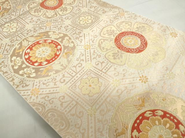 平和屋着物◎六通柄袋帯 花絵皿文 金糸 正絹 逸品 DABF1696ud