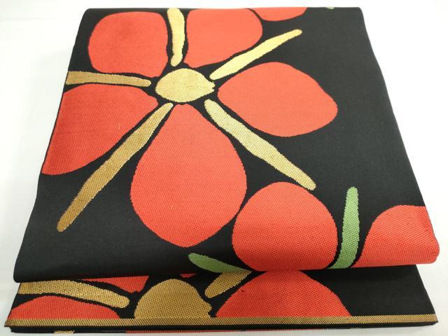 平和屋着物◎全通柄 本袋帯 舞花文 黒地 金糸 正絹 逸品 DABF1703ud