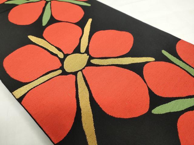 平和屋着物◎全通柄 本袋帯 舞花文 黒地 金糸 正絹 逸品 DABF1703ud
