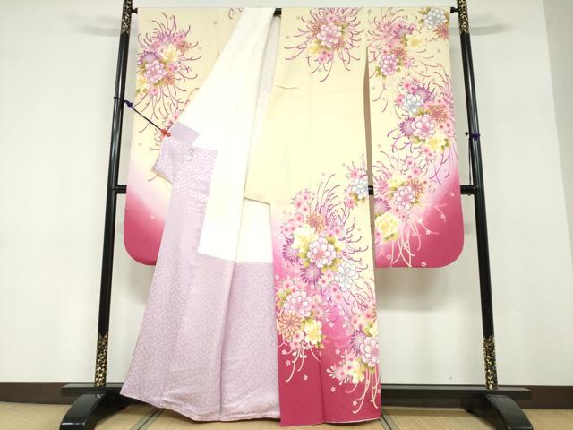 平和屋着物●豪華振袖 刺繍 草花文 暈し染め 金彩 正絹 逸品 DABF1728ud