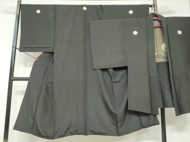 平和屋着物●男性 黒紋付 羽織セット 羽裏:能面 正絹 逸品 DABF1746ud