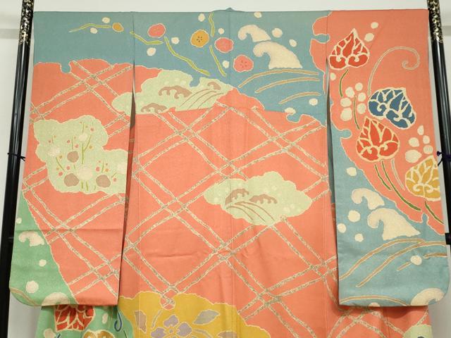 平和屋着物●豪華振袖・長襦袢(袷)セット 草花文 金彩 半衿刺繍 正絹 逸品 DABF1747ud