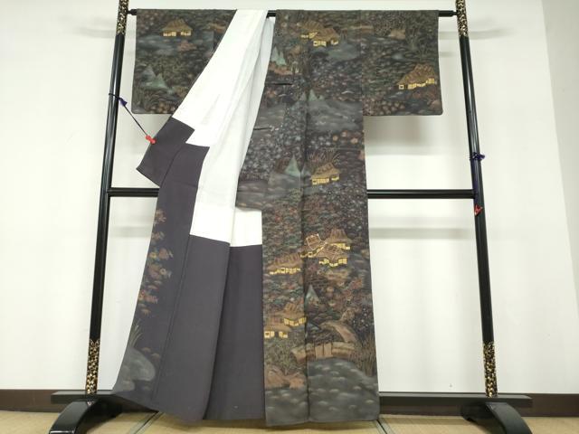 平和屋着物●訪問着 駒刺繍 風景草花文 金彩 正絹 逸品 DABF1771ud