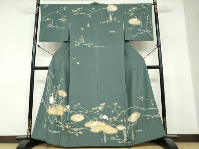 平和屋着物●訪問着 駒刺繍 流水草花文 鷺 金彩 正絹 逸品 DABF1792ud