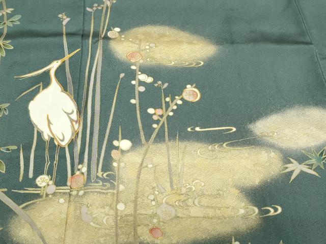 平和屋着物●訪問着 駒刺繍 流水草花文 鷺 金彩 正絹 逸品 DABF1792ud