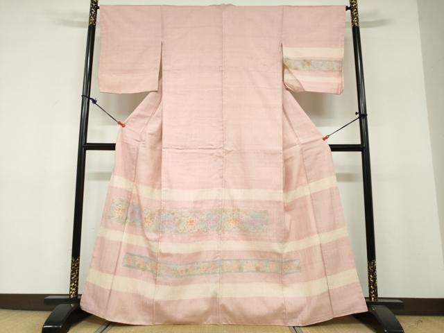 平和屋着物●中国三大刺繍 スワトウ刺繍 汕頭刺繍 訪問着 紬地 絞り 横段草花文 正絹 逸品 DABF1809ud