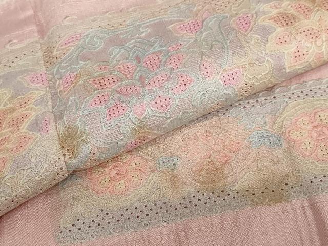 平和屋着物●中国三大刺繍 スワトウ刺繍 汕頭刺繍 訪問着 紬地 絞り 横段草花文 正絹 逸品 DABF1809ud