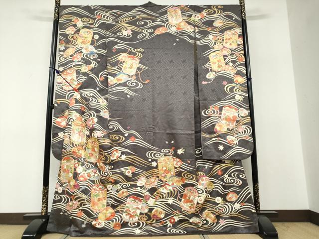 平和屋着物●豪華振袖 作家物 駒刺繍 貝桶草花文 金彩 正絹 逸品 DABF1811ud