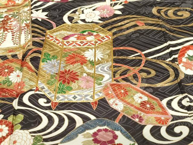 平和屋着物●豪華振袖 作家物 駒刺繍 貝桶草花文 金彩 正絹 逸品 DABF1811ud