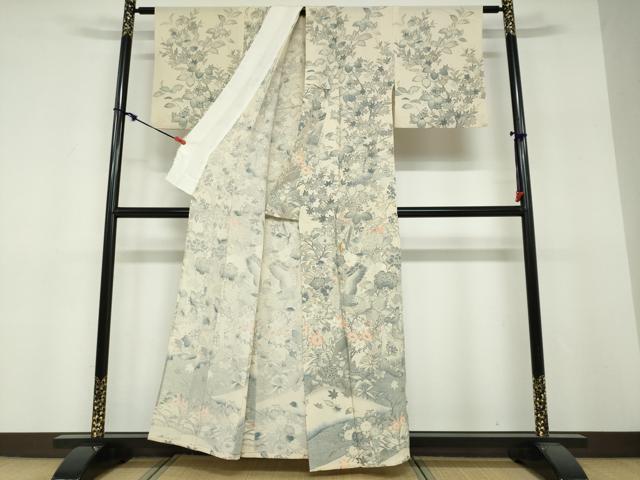 平和屋着物▽訪問着 単衣 花鳥文 正絹 逸品 DABF1827ud