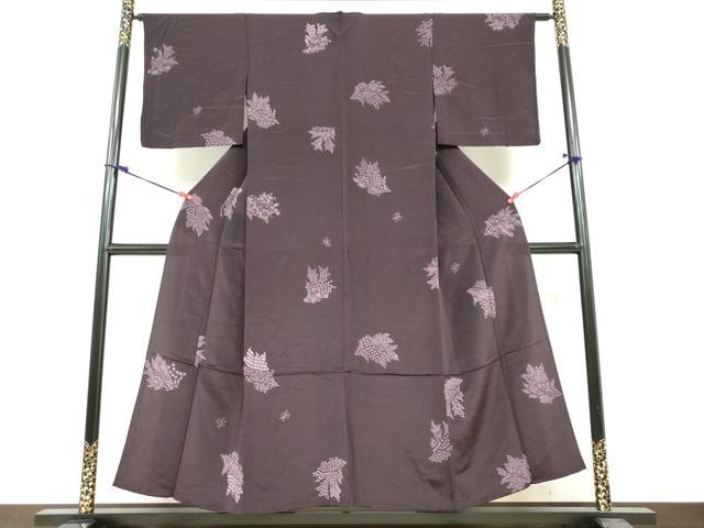 平和屋着物▽上質な小紋 単衣 本草木染 手描ろうけつ 草花文 鬼しぼ縮緬 反端付き 正絹 逸品 DABF1855ud