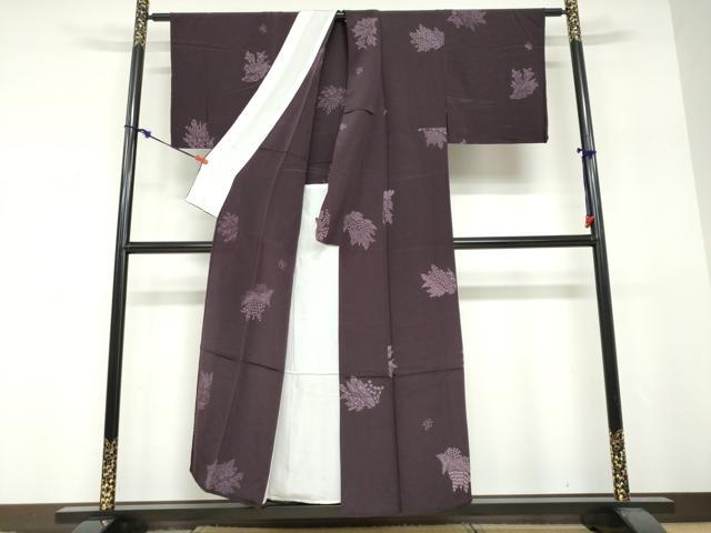平和屋着物▽上質な小紋 単衣 本草木染 手描ろうけつ 草花文 鬼しぼ縮緬 反端付き 正絹 逸品 DABF1855ud