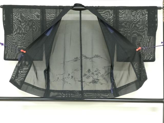平和屋着物▽道中着 スリーシーズン 春夏秋 塵除け 風景文 黒地 正絹 逸品 DABF1877ud