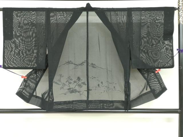 平和屋着物▽道中着 スリーシーズン 春夏秋 塵除け 風景文 黒地 正絹 逸品 DABF1877ud