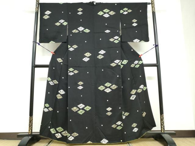 平和屋着物●上質な小紋 絞り 菱文 黒地 正絹 逸品 DABF1908ud
