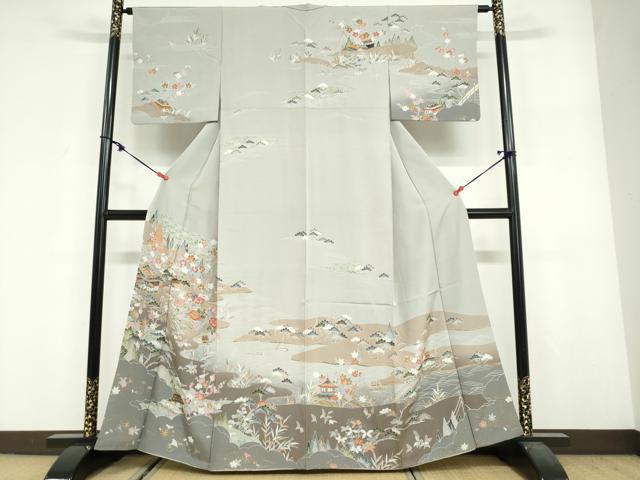 平和屋着物●訪問着 流水風景草花文 金彩 正絹 逸品 DABF1915ud