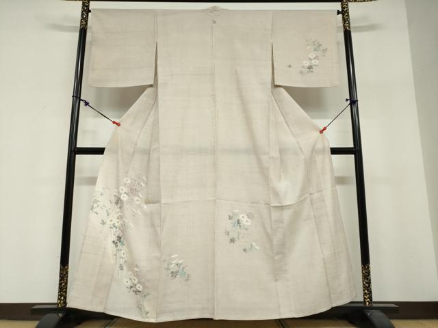 平和屋着物▽訪問着 単衣 紬地 手描き 草花文 正絹 逸品 DABF1958ud