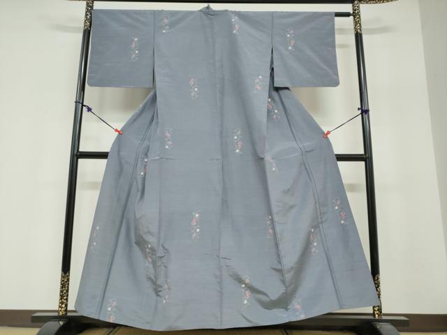 平和屋着物▽上質な紬 単衣 花唐草文 正絹 逸品 DABF1966ud
