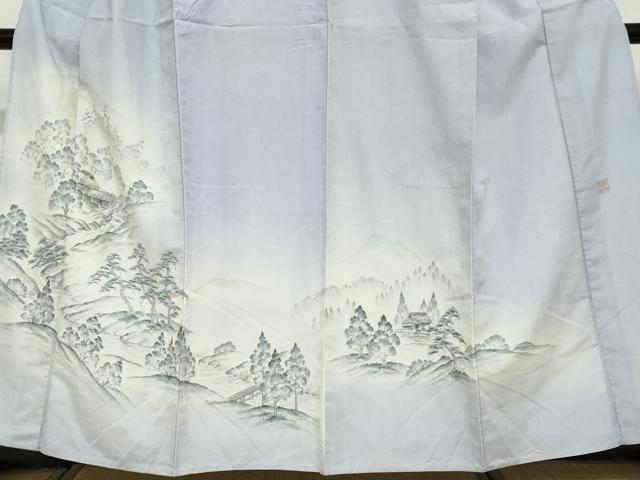 平和屋着物▽訪問着 単衣 紬地 手描き 遠山風景文 正絹 逸品 DABF1971ud