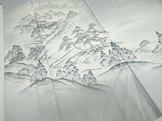 平和屋着物▽訪問着 単衣 紬地 手描き 遠山風景文 正絹 逸品 DABF1971ud