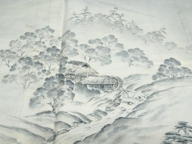 平和屋着物▽訪問着 単衣 紬地 手描き 遠山風景文 正絹 逸品 DABF1971ud