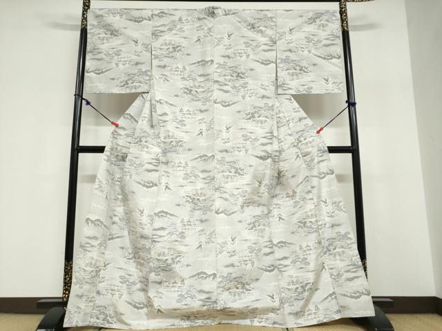 平和屋着物▽本場大島紬 単衣 白大島 風景文 正絹 逸品 DABF1998ud