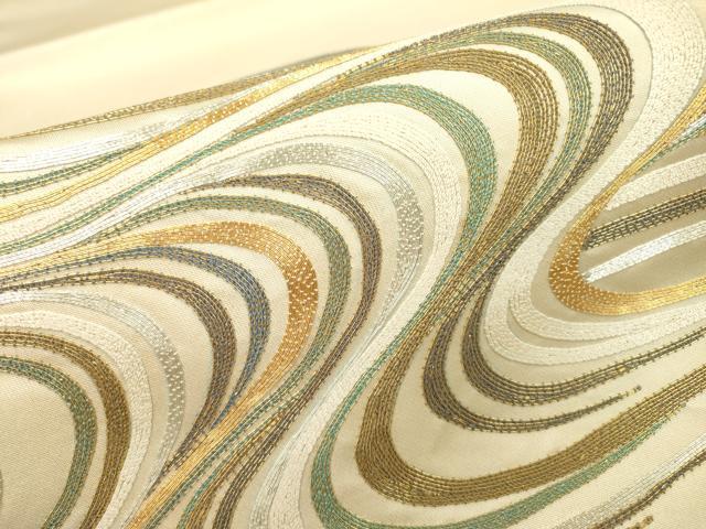 平和屋着物▼太鼓柄袋帯 駒刺繍 総刺繍 流水文 金銀糸 正絹 逸品 DABF2030fe